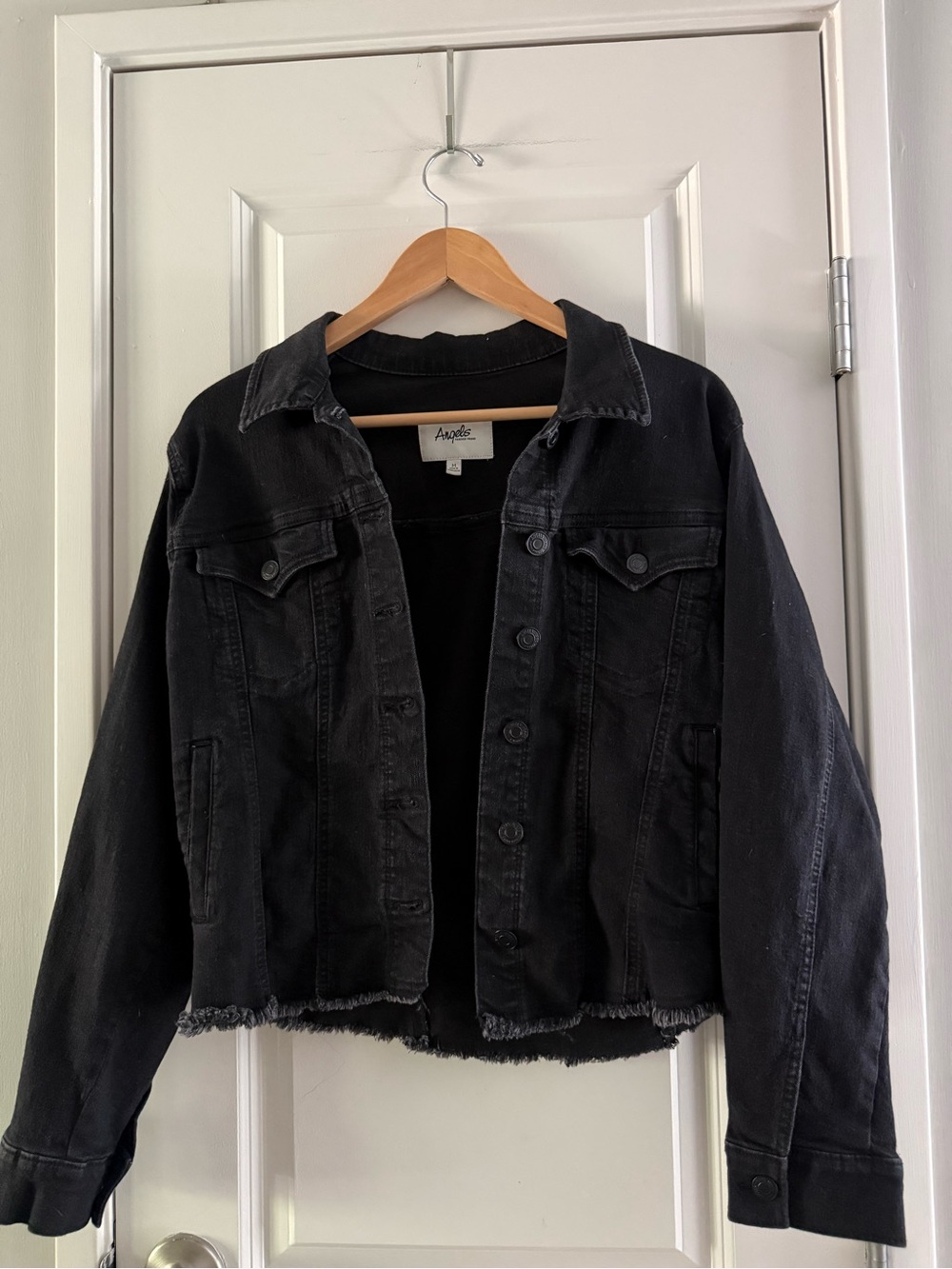 Black Cropped Denim Jacket with Frayed Hem Biker Grunge Minimalist